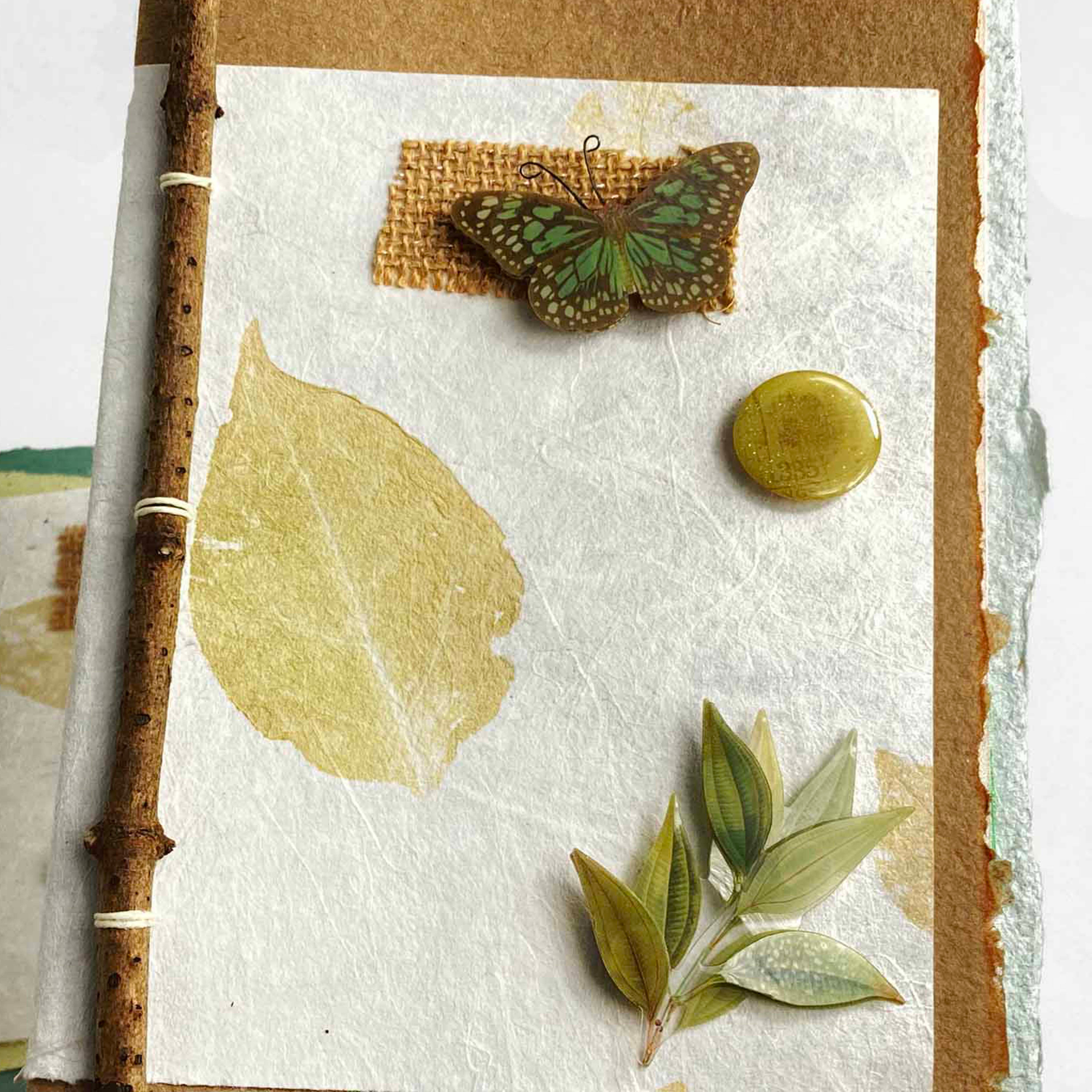 Botanical Art Journal with Handmade Paper Cover, Variety of Mixed Media Pages, Hand Sewn Binding with Stick Inserted