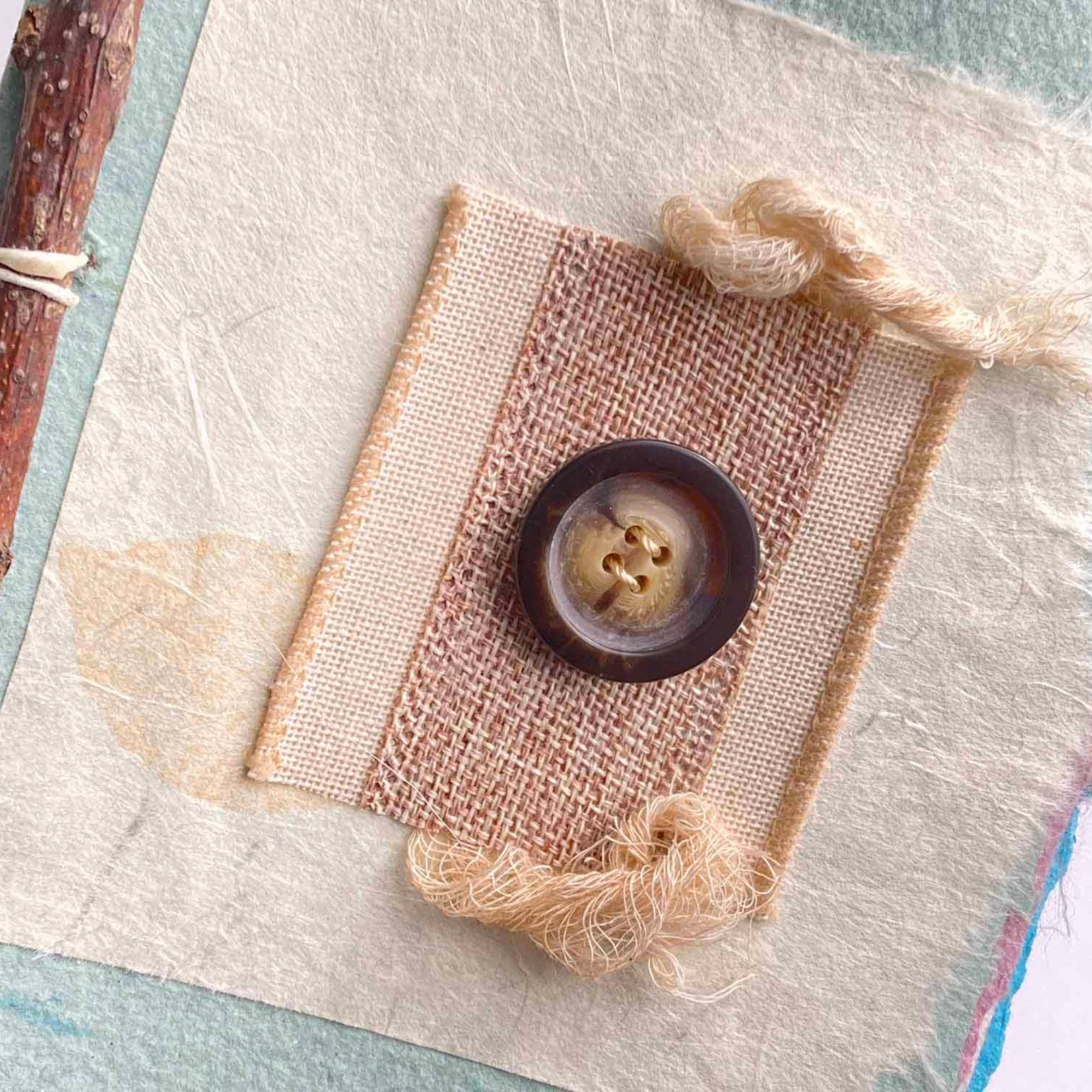 Art Journal with Handmade Paper Cover, Featuring Vintage-Style Button on Cover, Variety of Mixed Media Pages, Hand Sewn Binding with Stick