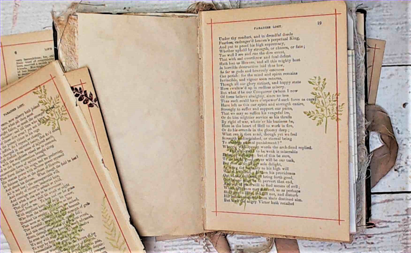 Vintage Book Pages stamped with Fall Leaves, Junk Journal Ephemera Lot, Fall Kit