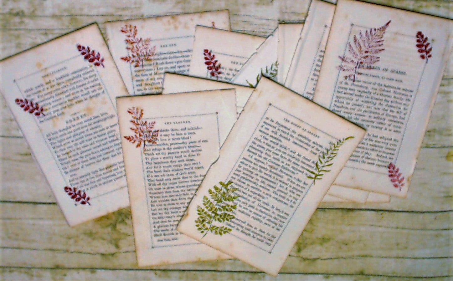 Vintage Book Pages stamped with Fall Leaves, Junk Journal Ephemera Lot, Fall Kit