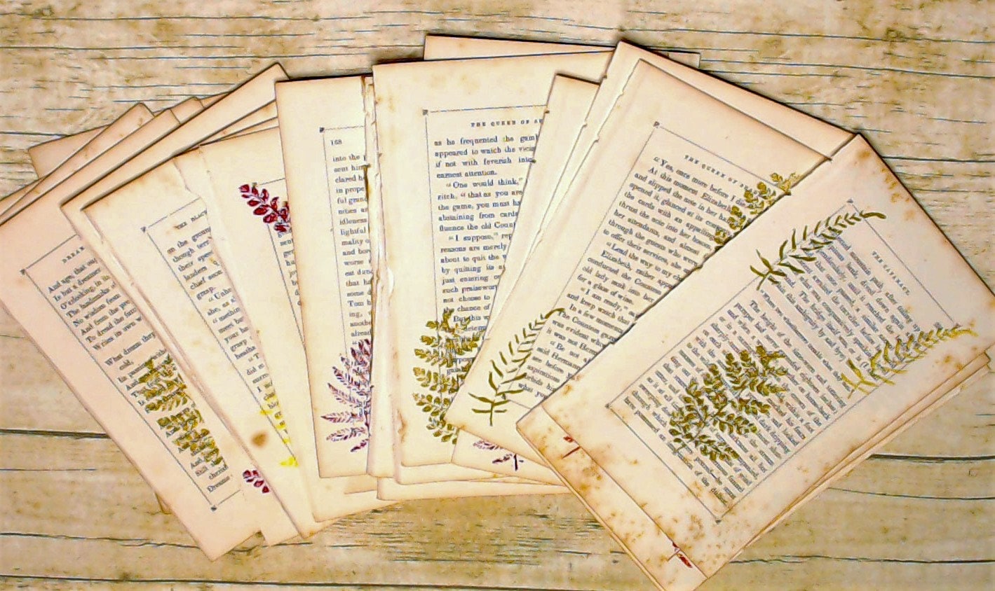 Vintage Book Pages stamped with Fall Leaves, Junk Journal Ephemera Lot, Fall Kit