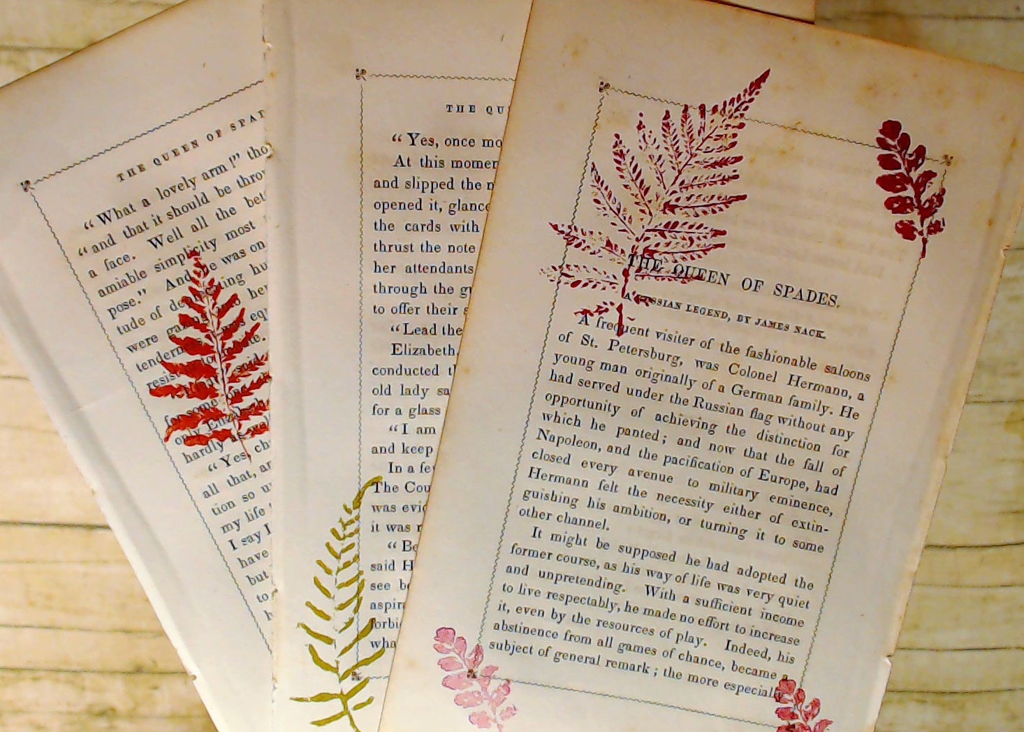 Vintage Book Pages stamped with Fall Leaves, Junk Journal Ephemera Lot, Fall Kit