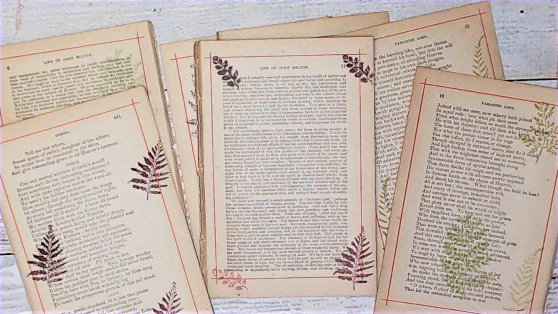 Vintage Book Pages stamped with Fall Leaves, Junk Journal Ephemera Lot, Fall Kit