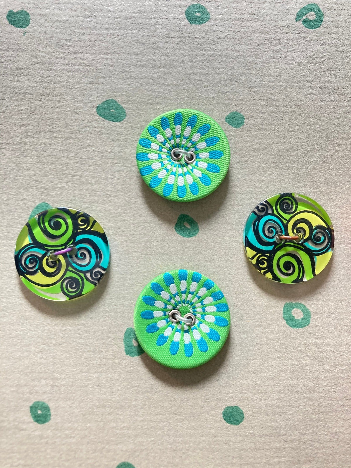 Vintage Button Collection, Mounted to Chipboard, Retro Green Color