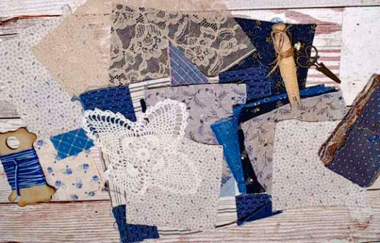 Vintage Fabric and Lace, 1800s to 1920, Antique Textiles Lot, Indigo Blue | for Junk Journals and Slow Stitching