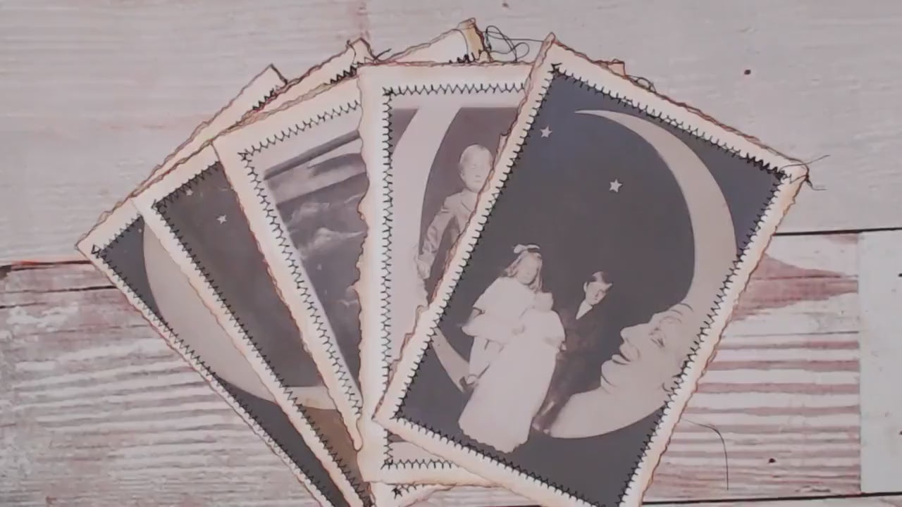 Journal Cards with Vintage Moon Photos, Junk Journal Page Inserts, Set of 5