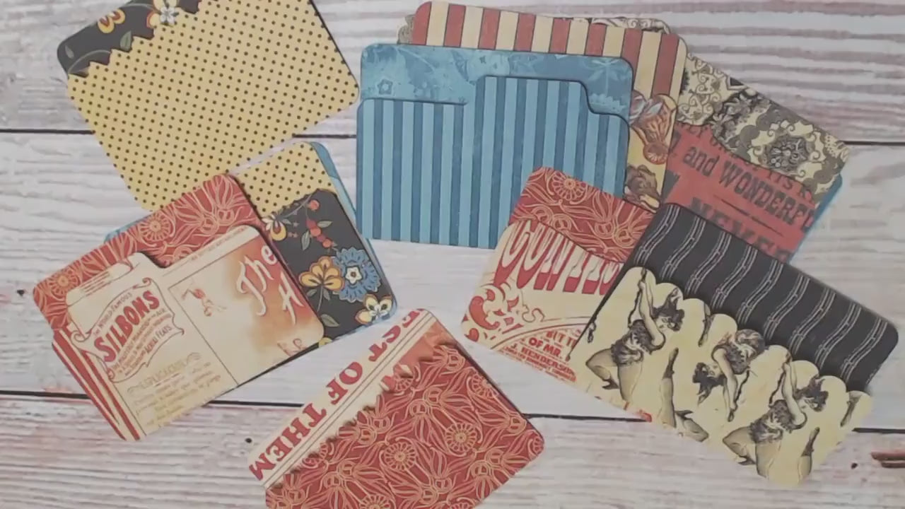 Fun Circus Themed Mini File Folders, Junk Journal Ephemera, Acrobats and Flowers, makes great Junk Journal Pockets - set of 12 Die Cuts
