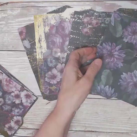 Mini File Folders, for Junk Journals and Paper Crafts, Die Cut Folders, Folders with Tabs, Flowers with touches of Gold - set of 10