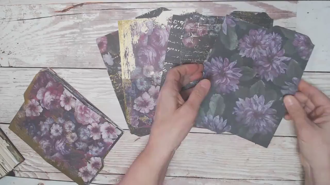 Mini File Folders, for Junk Journals and Paper Crafts, Die Cut Folders, Folders with Tabs, Flowers with touches of Gold - set of 10