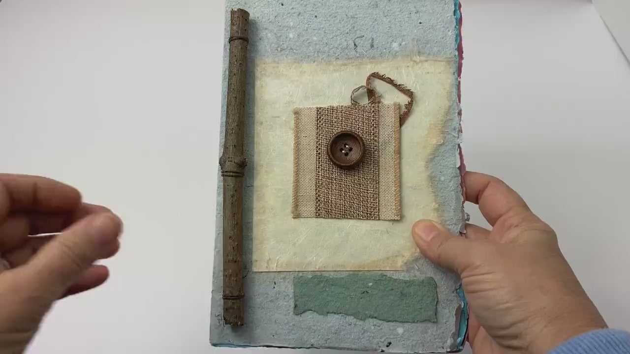 Art Journal with Handmade Paper Cover, Variety of Mixed Media Pages, Hand Sewn Binding with Stick Inserted