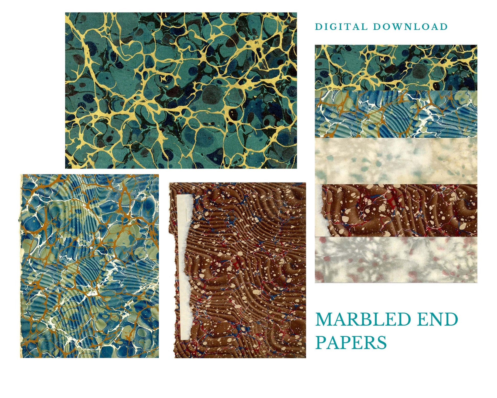 Antique Marbled Paper, End Papers for Junk Journals or Book Making, Collage paper | Digital Download