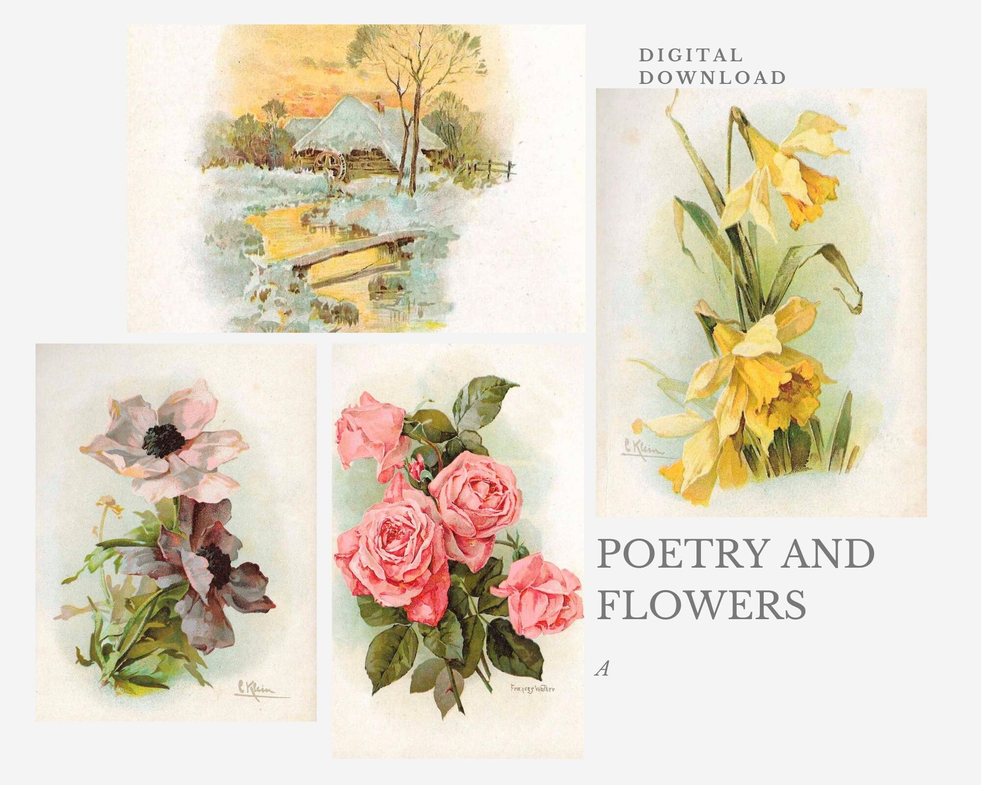 Poetry and Flowers Junk Journal Kit, Poems by John Greenleaf Whittier, DIY Booklet, Collage Papers | Digital Download