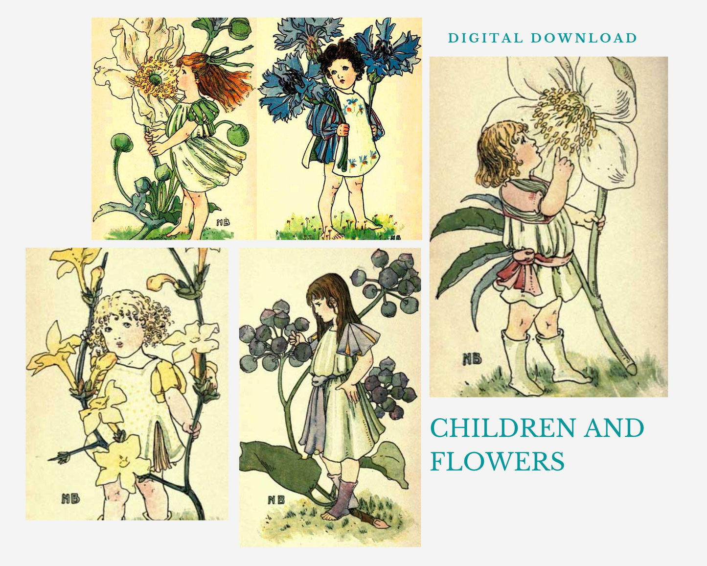 The Dumpy Children Book, Vintage Flowers, Fairies, Printable Junk Journal Kit, Page Inserts | Digital download