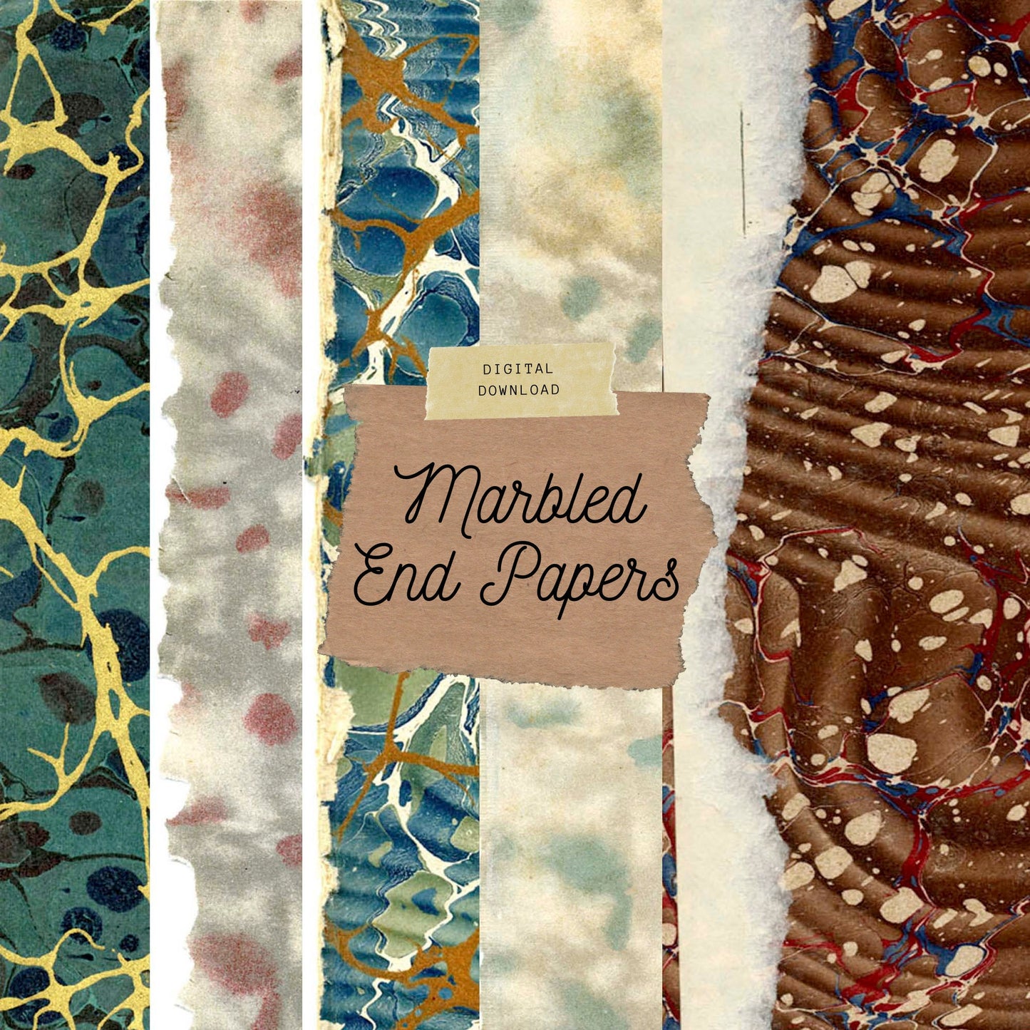Antique Marbled Paper, End Papers for Junk Journals or Book Making, Collage paper | Digital Download