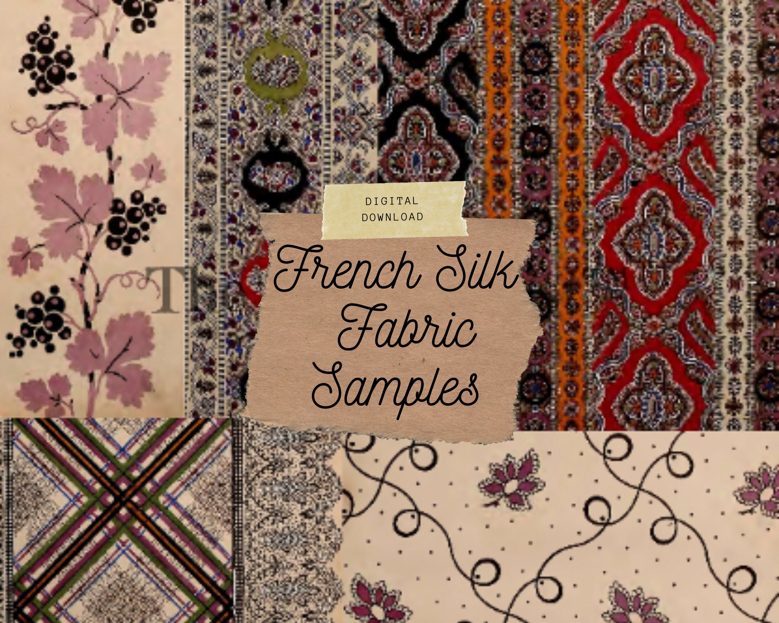 Vintage French Textiles, Junk Journal Collage Kit, Made from Vintage French Textile Samples Book | Digital Download