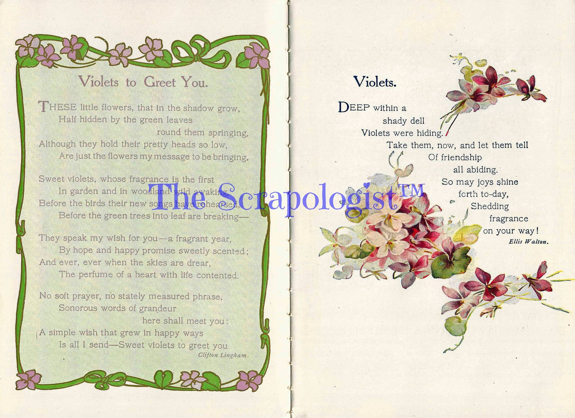 Book of Violets, Victorian Poetry illustrated with color paintings, DIY Junk Journal or Mini Album Kit, Collage Papers | Digital Download