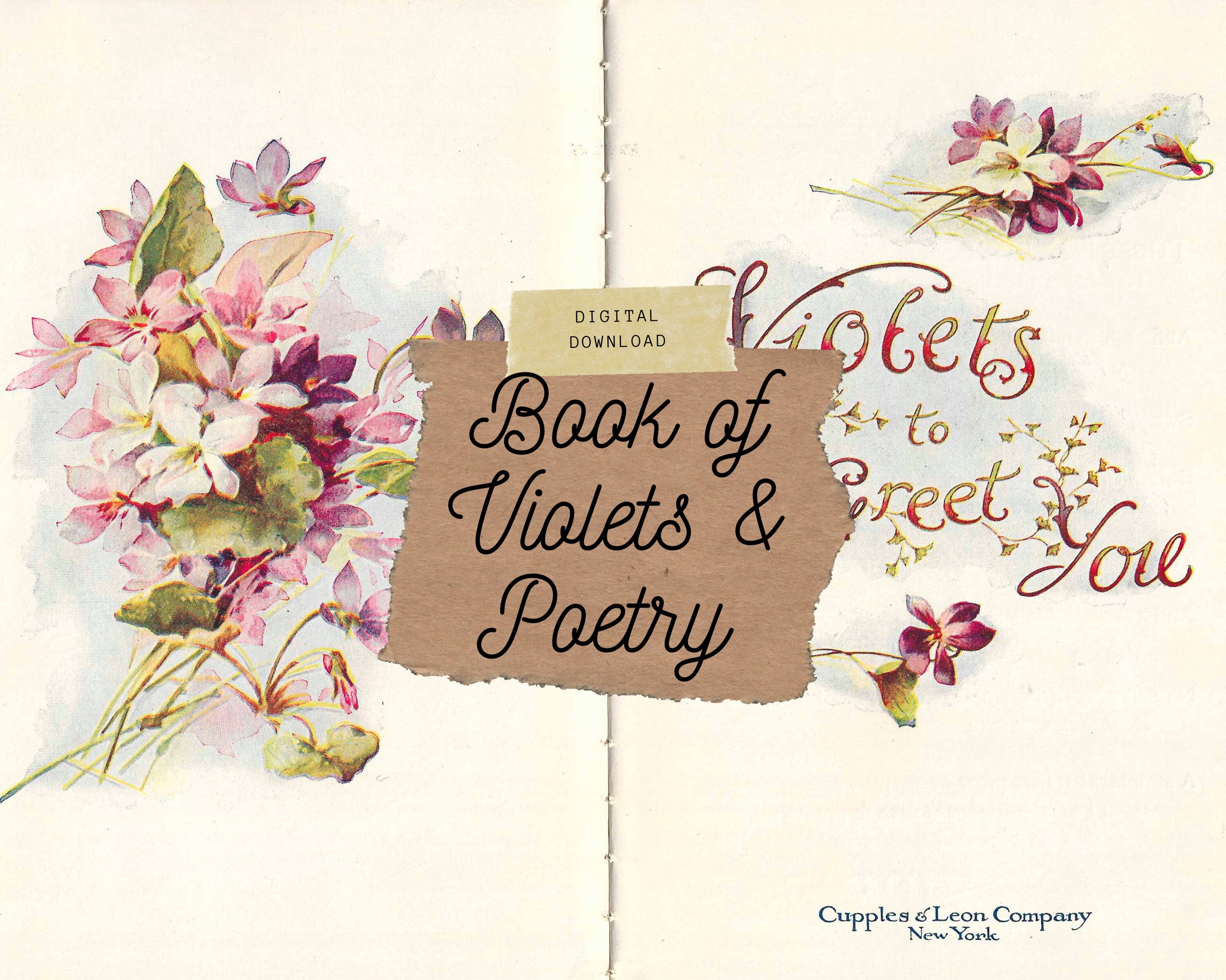 Book of Violets, Victorian Poetry illustrated with color paintings, DIY Junk Journal or Mini Album Kit, Collage Papers | Digital Download